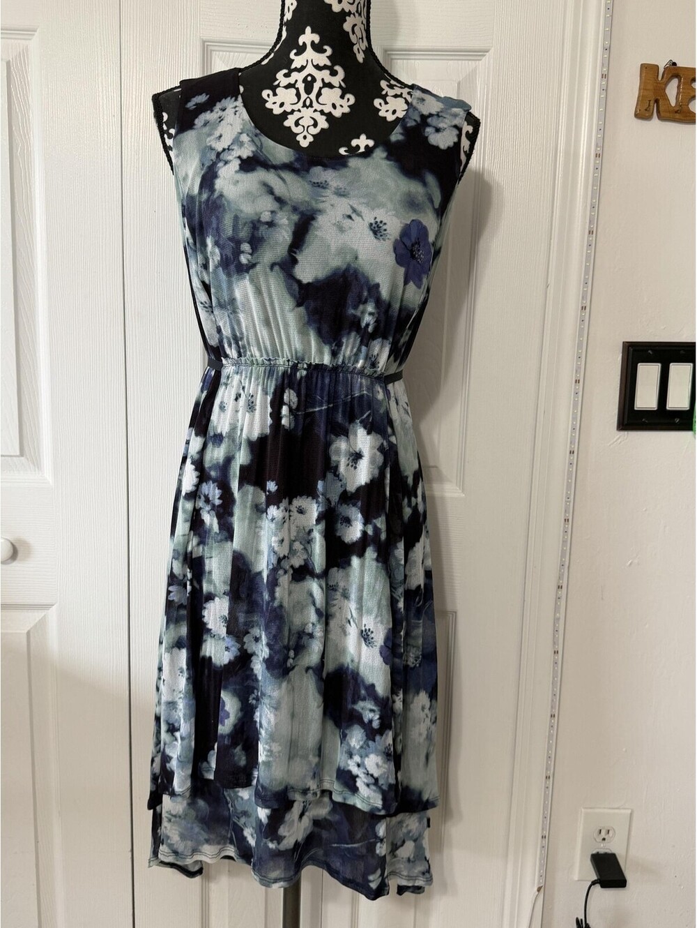 Simply Vera Vera Wang Dress Womens L Blue Floral Chiffon Fit Flare Sundress